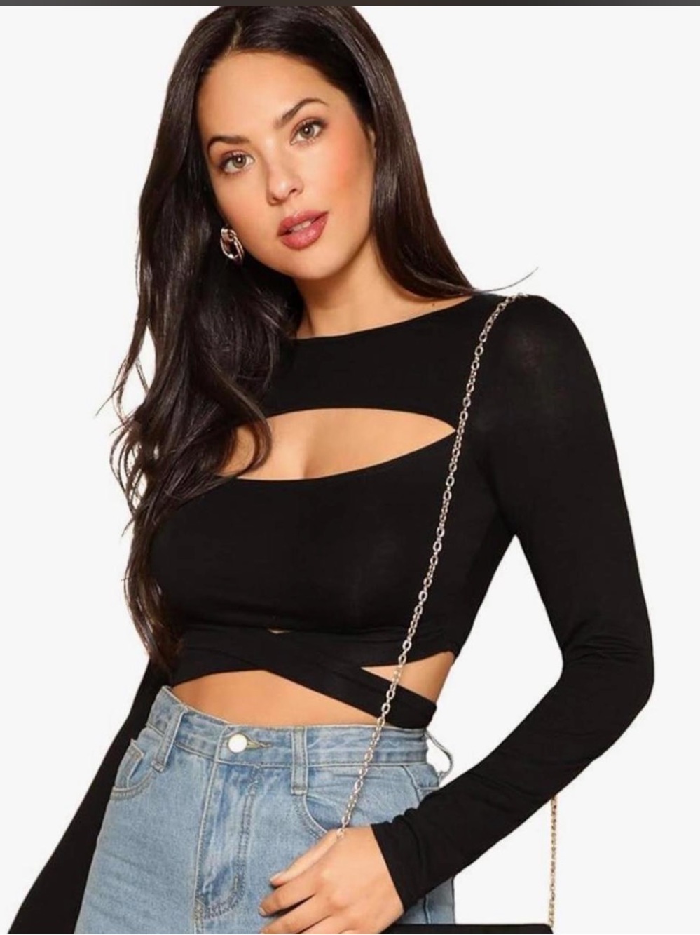 Black Long-Sleeve Cutout Wrap Crop Top